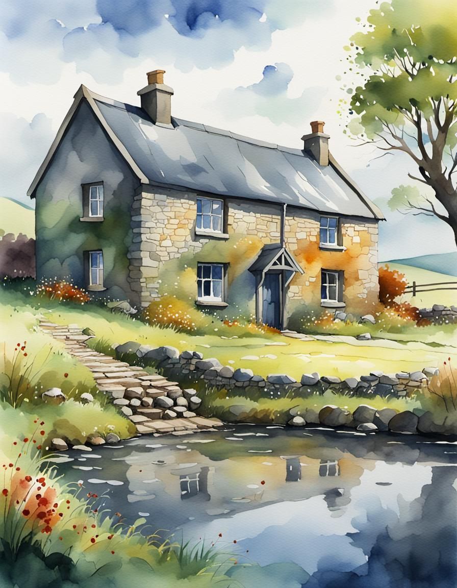 Irish Rural Landscape in Watercolor Style