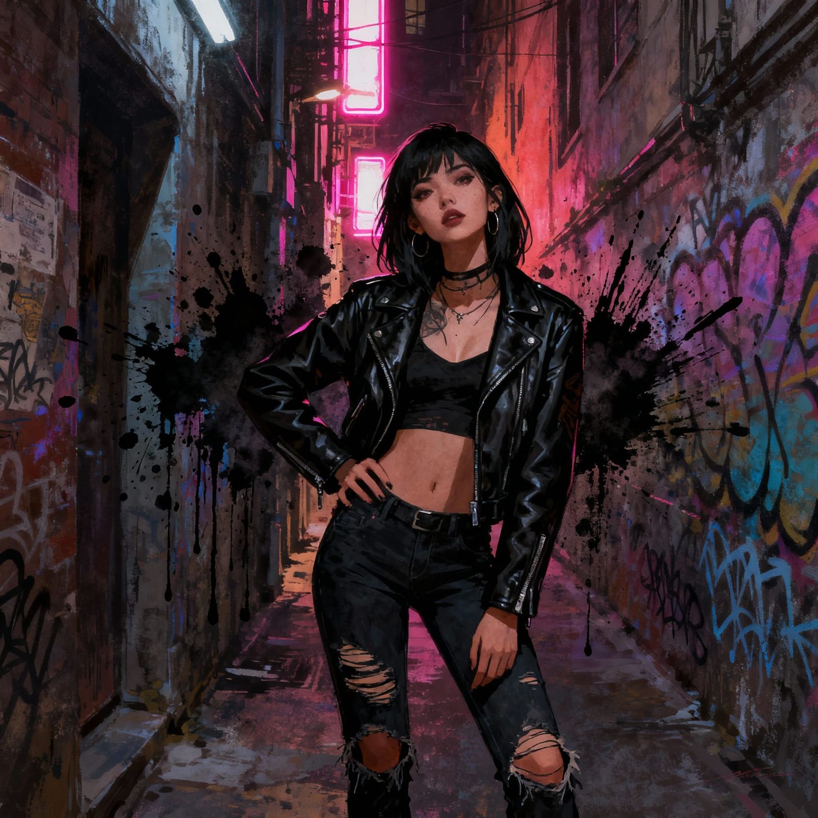 Young Woman in Neon Alley with Street Style