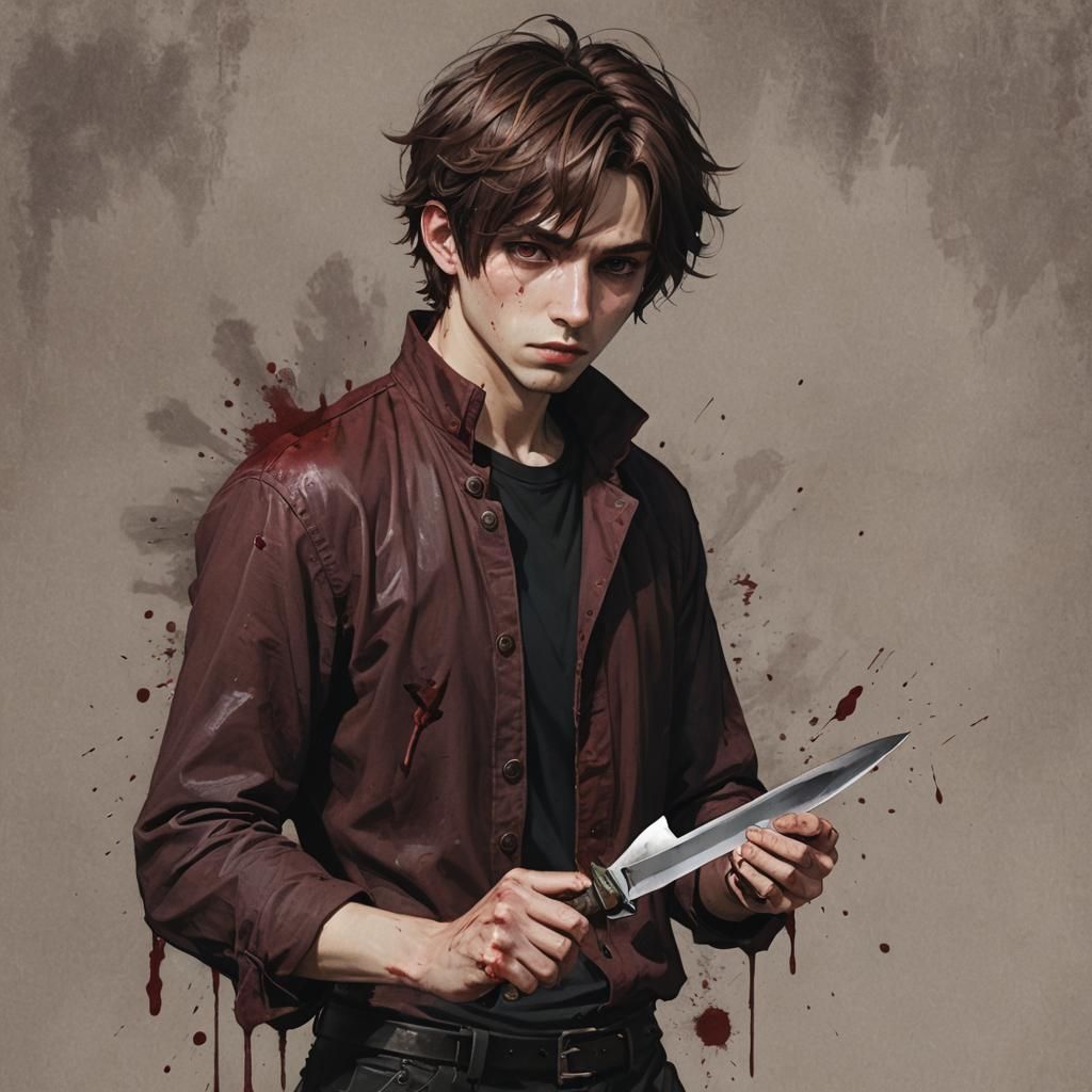 Young Man with Knife in Digital Art Style