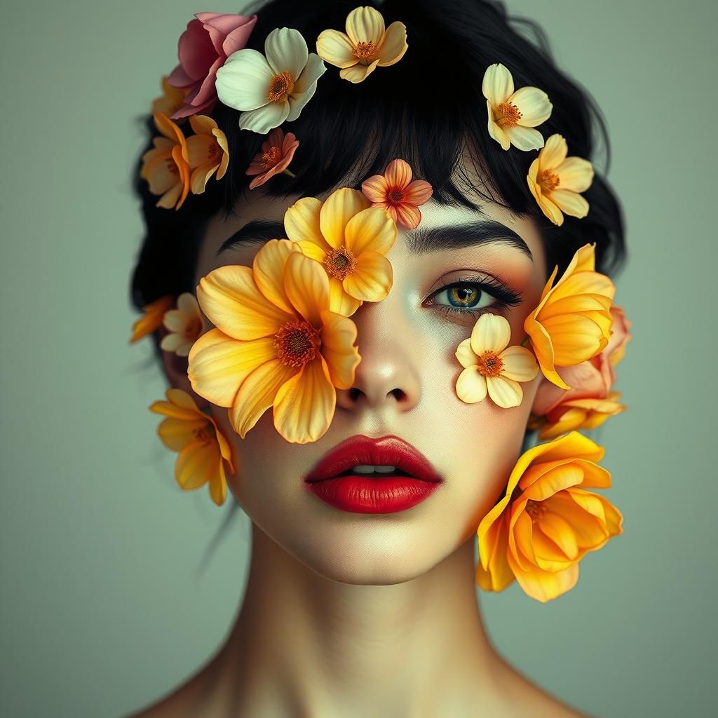 Floral Cyberpunk: Face Covered in Delicate Neon Flowers