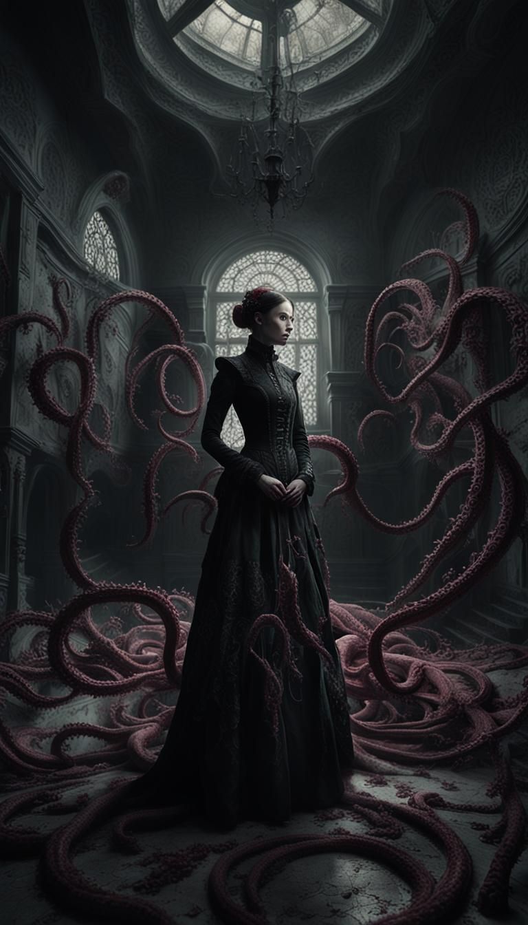 Dark Surrealism: Gothic Woman in Abandoned Room