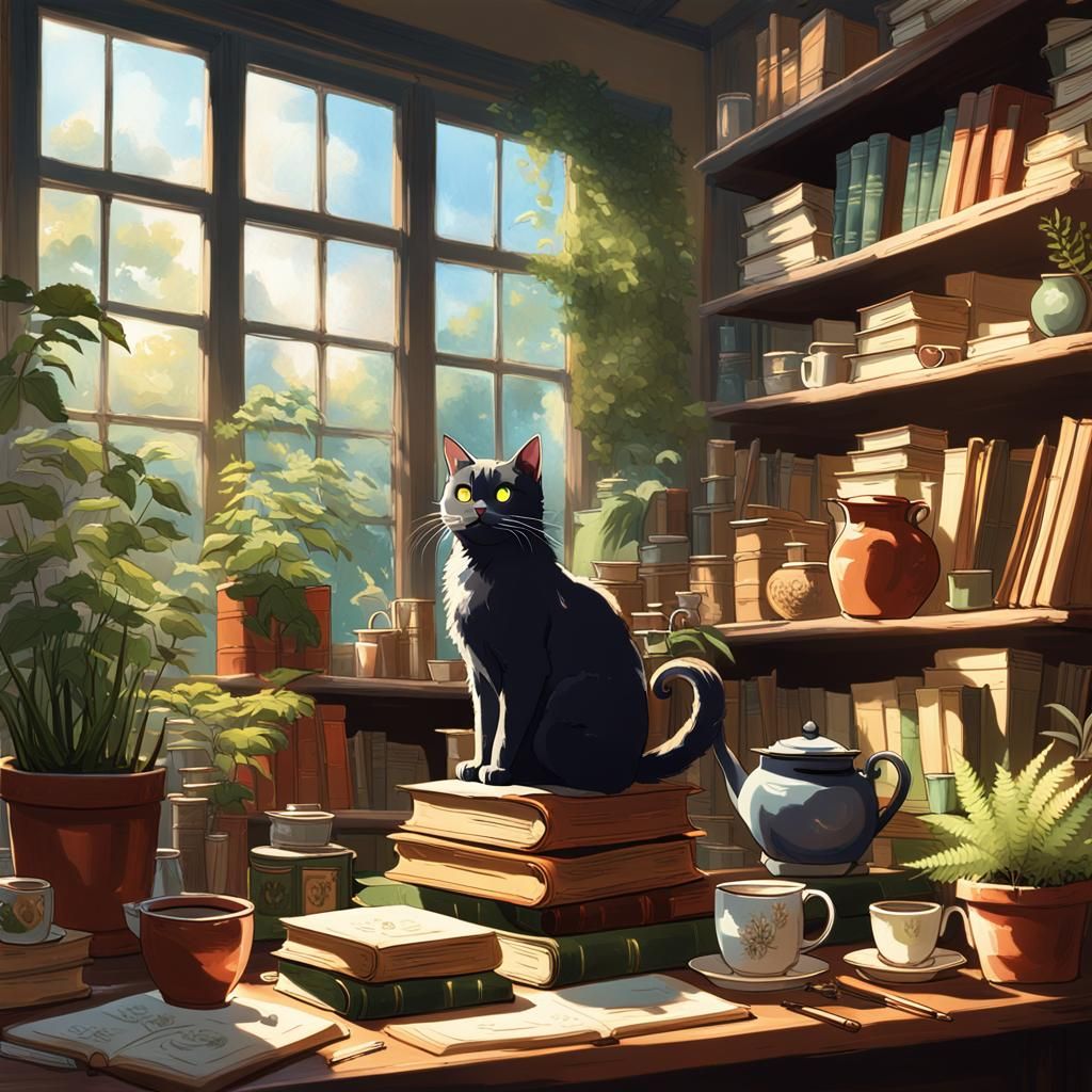 Cat on Books: Anime-Style Studio Scene