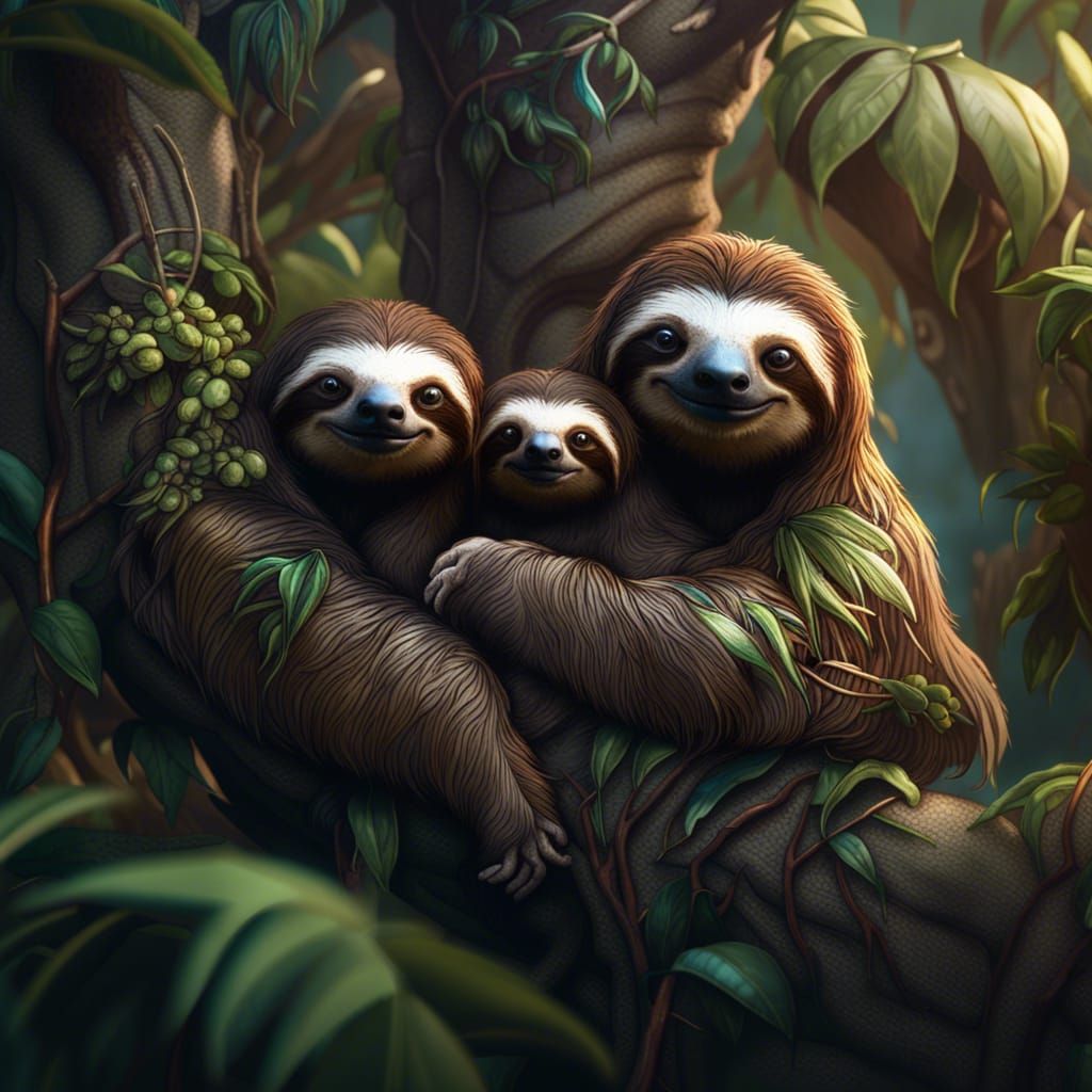 Sloth with Babies on Fake Tree: Detailed Matte Painting