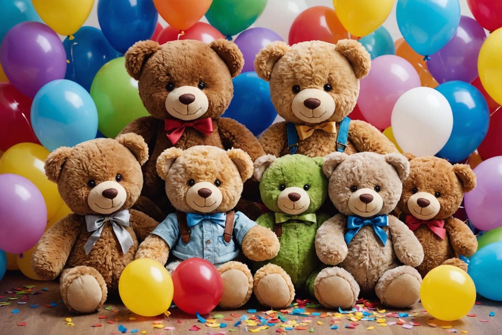 Charming Teddy Bears Painting with Balloons and Confetti