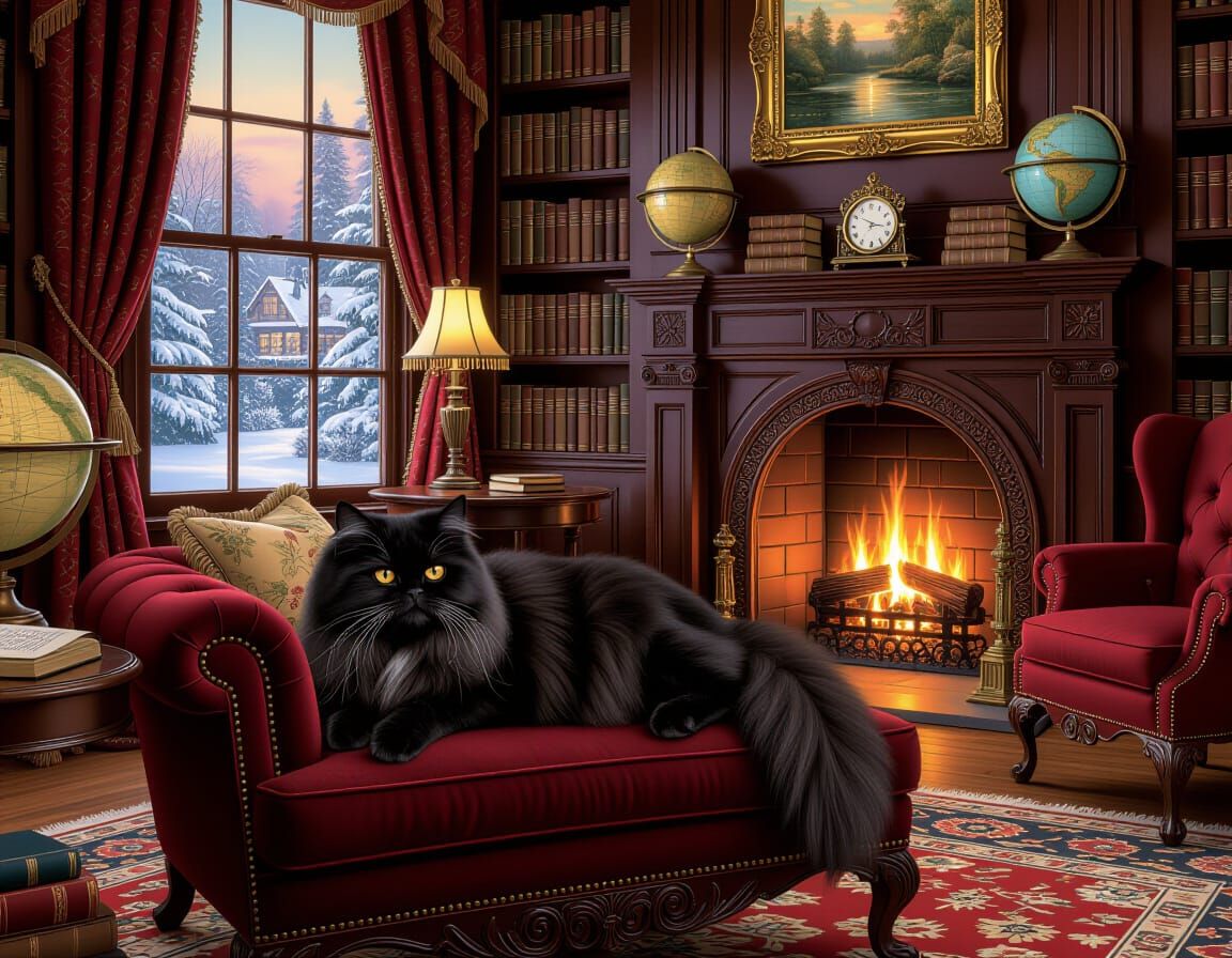 Black Persian Cat in Cozy Library, Cottagecore Style