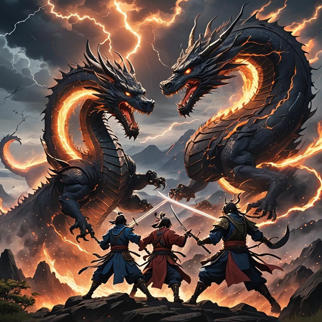 Samurai Warriors Clash with Dragon in Anime Style