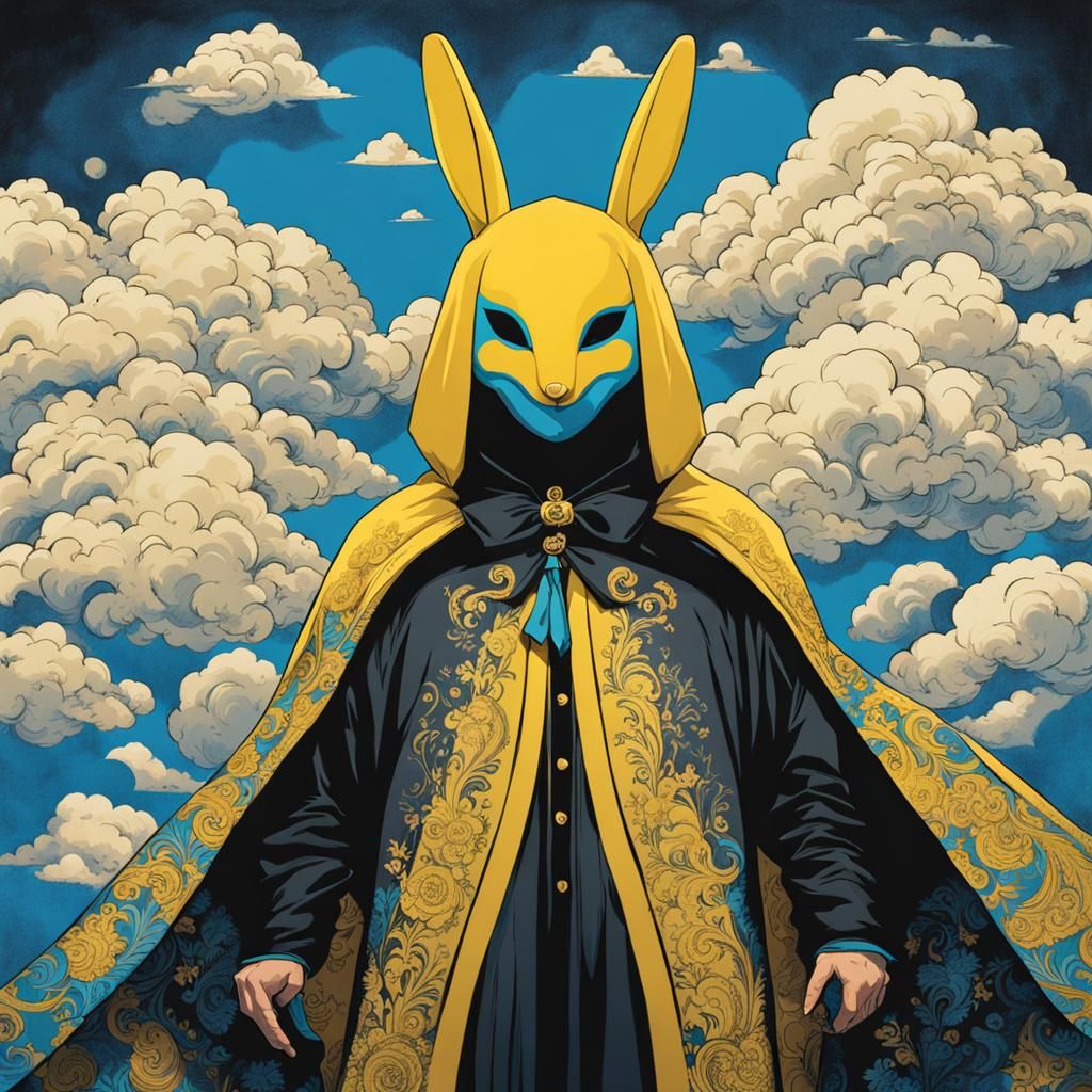 Corrupted Figure with Rabbit Mask and Cloud Cloak