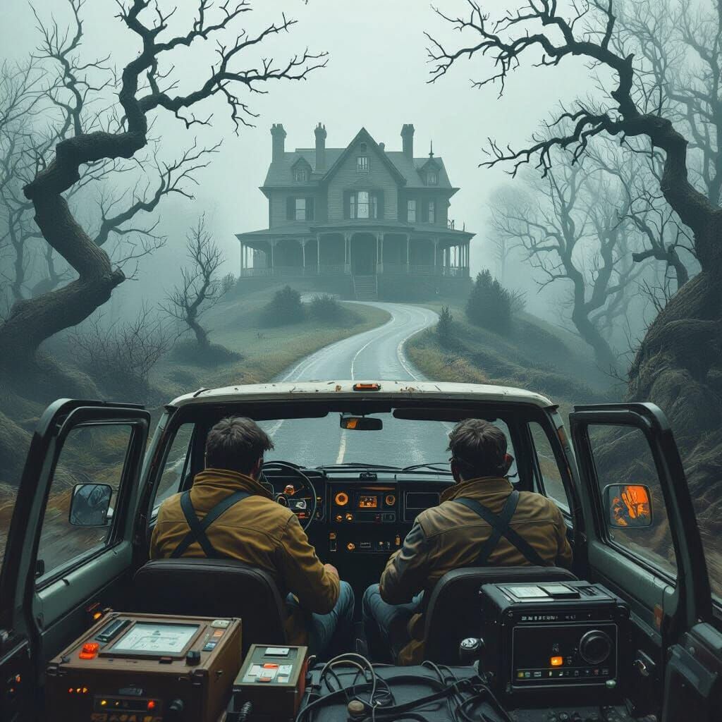 Ghost Hunters Travel to Haunted House in Digital Art