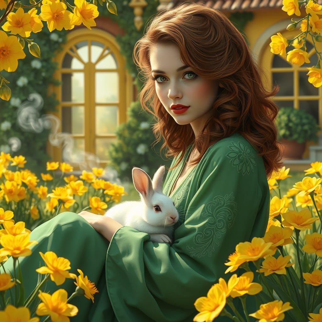 Serenity in a Whimsical Garden Scene with a Young Woman and ...