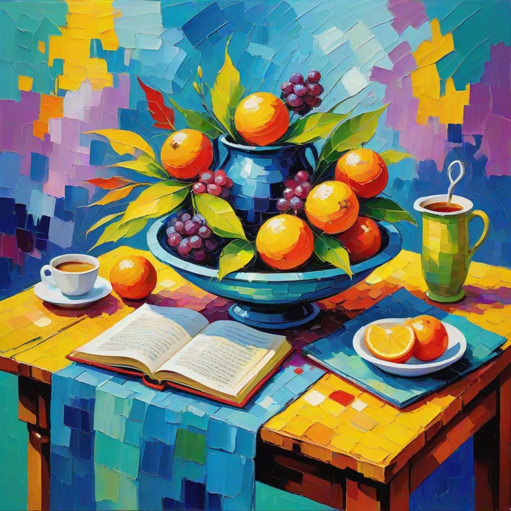 Ein offenes buch auf einem tisch ganz bunt in pop up style, viele farbklekse