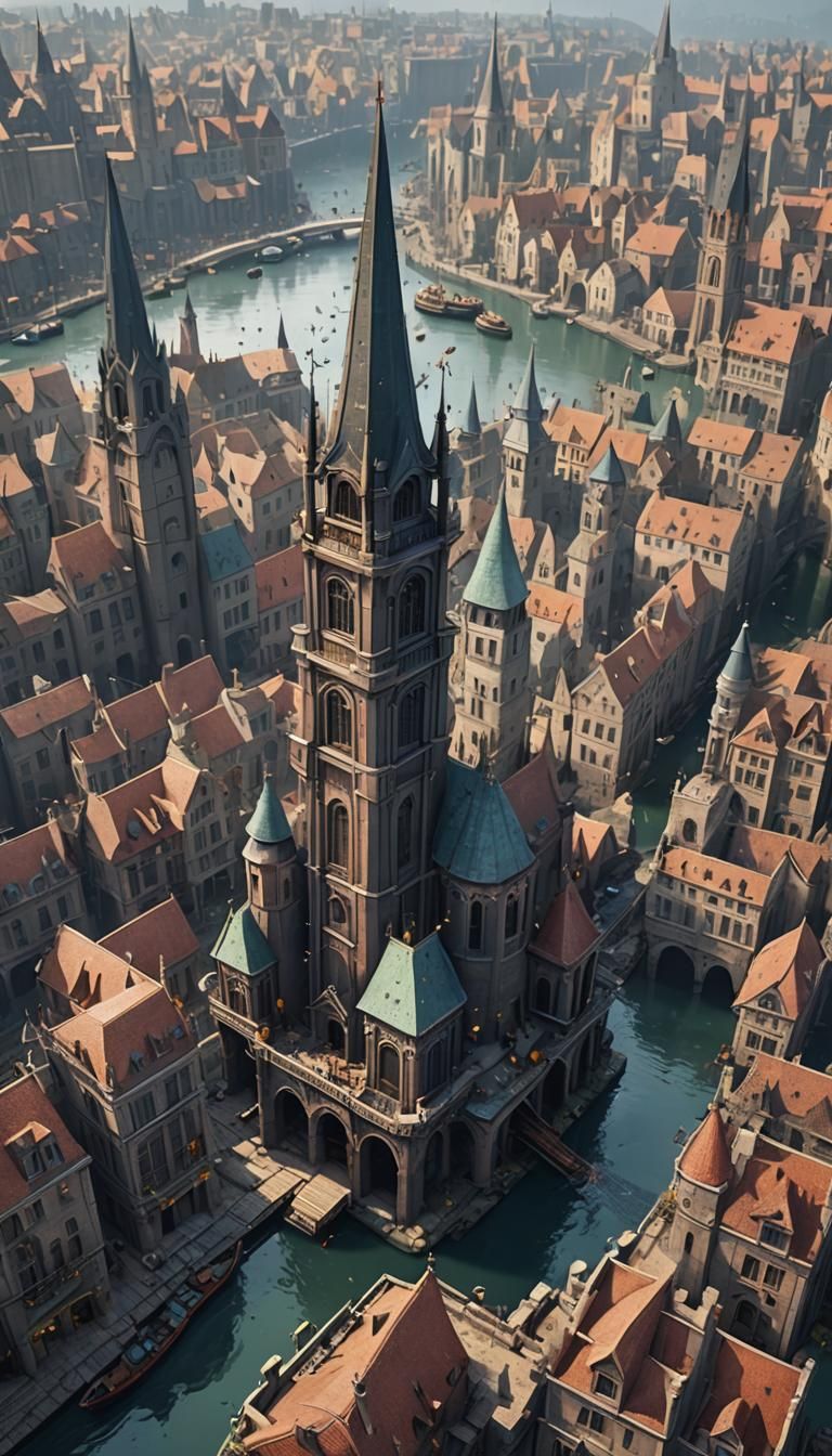 Cityscape with Spires, Birds, and Overcast Harbor