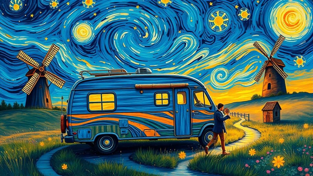 Van Gogh-Inspired Camper Van Under Starry Sky
