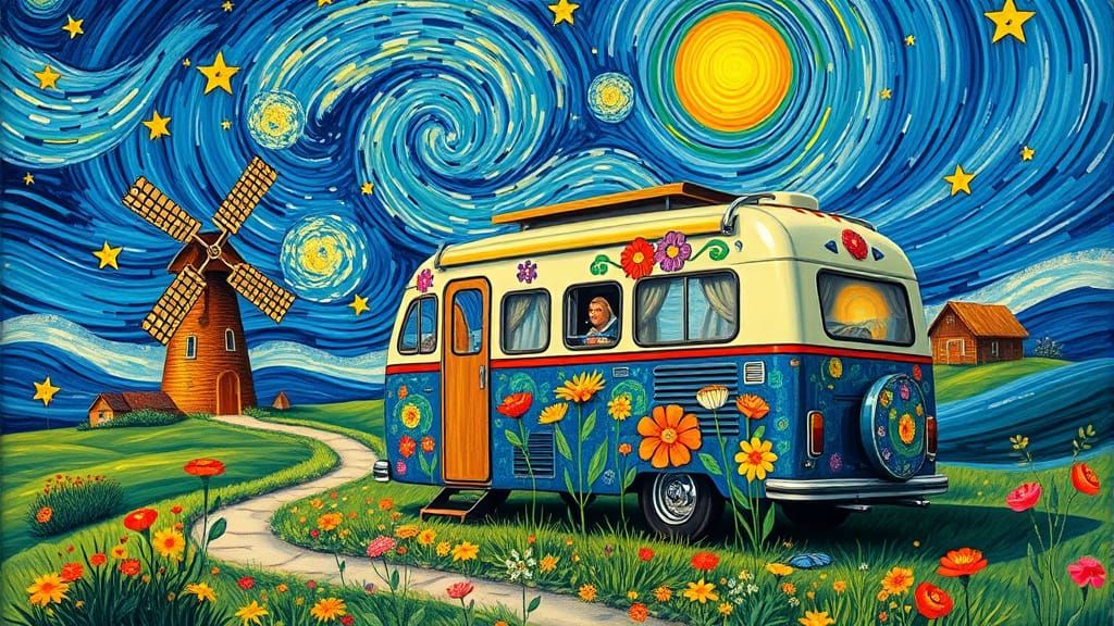 Van Gogh-Inspired Camper Van Under Starry Sky
