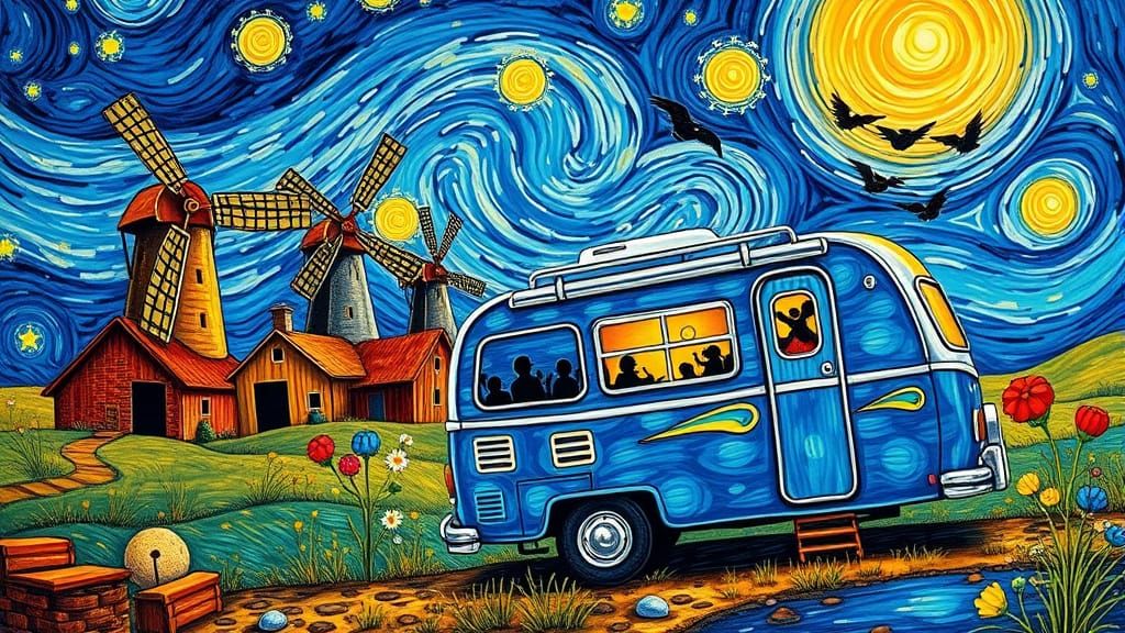 Van Gogh Style Camper Van with Hippies