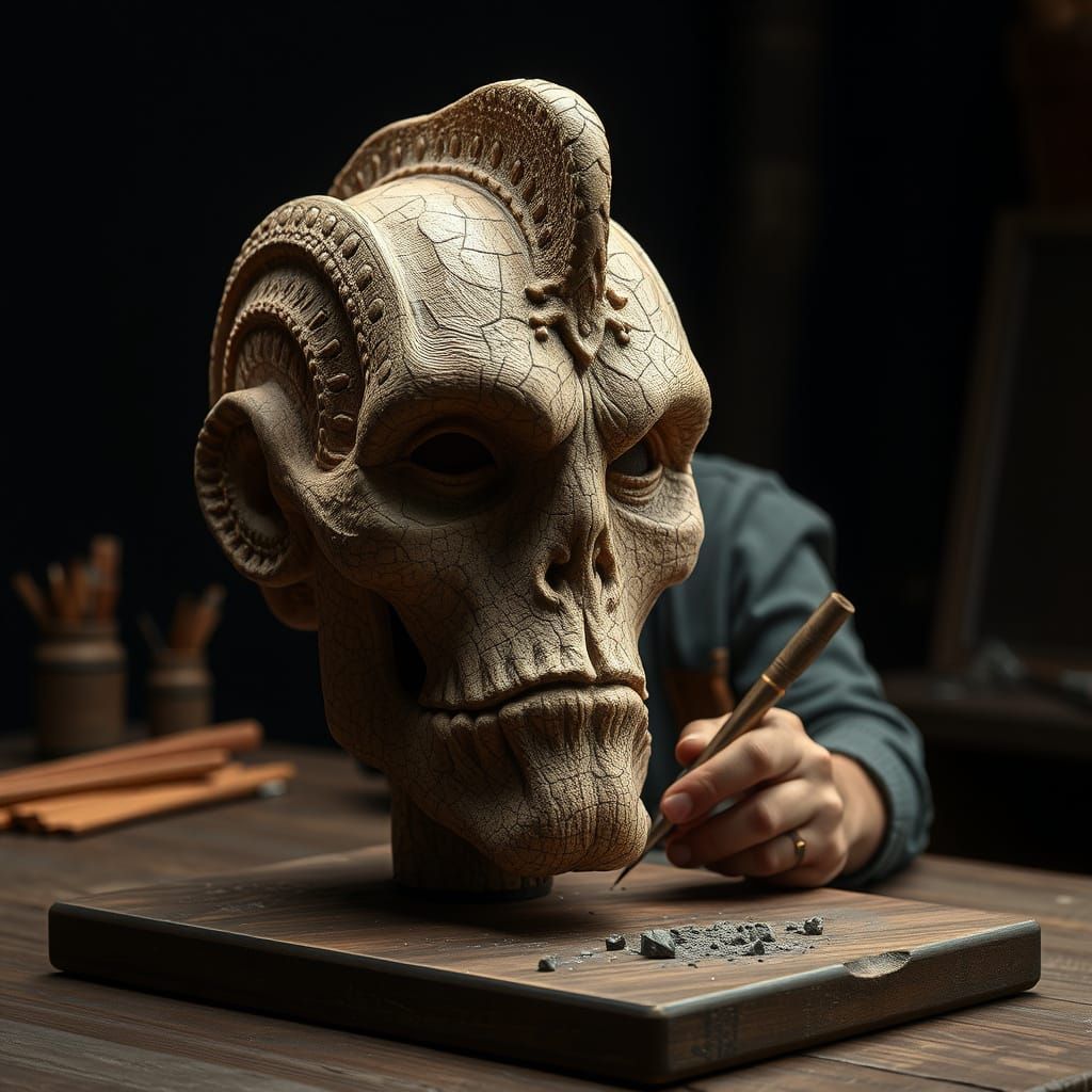 Detailed Clay Moai Head on Wooden Table