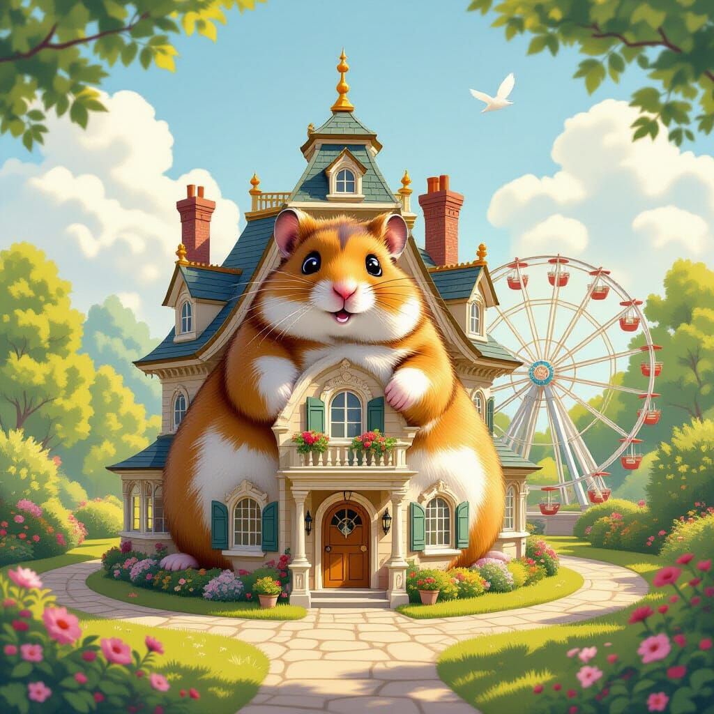 Colossal Hamster House Dwarfing Landscape in Storybook Style