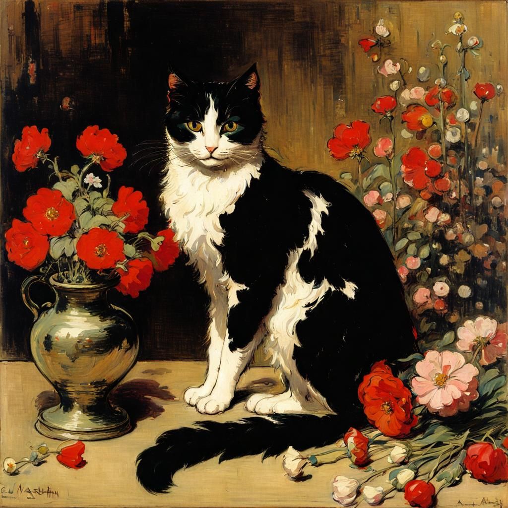 Cute Cat Surrounded by Flowers in Historical Style