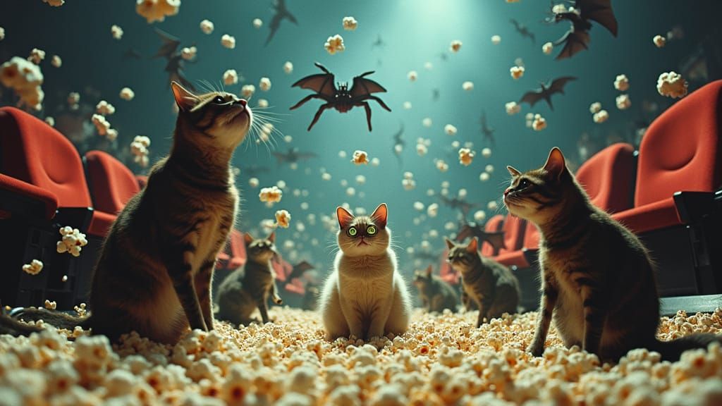 Whimsical Cat Survives Cinema Chaos in Surreal Scene