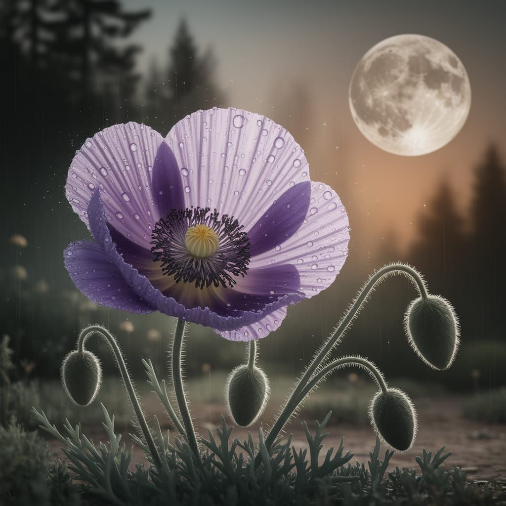 Violet Poppy Flower After Rain in Ethereal Moonlight