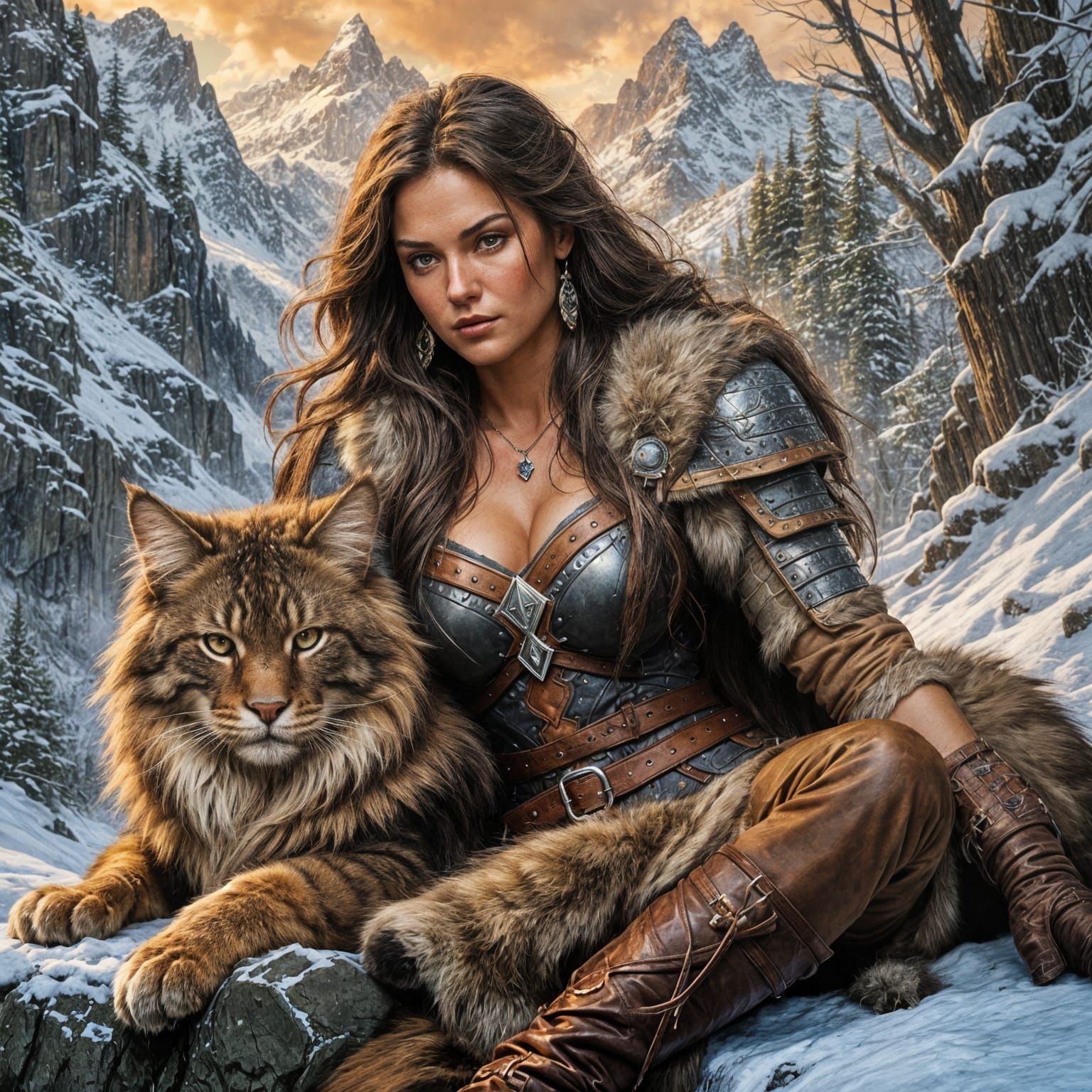 Barbarian Warrioress and Maine Coon Cat Sketch