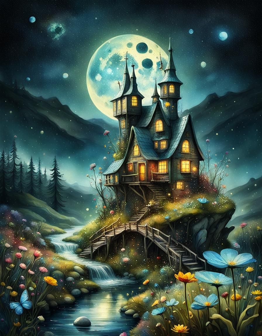 Enchanting Fairy Village in Watercolor with Starry Night
