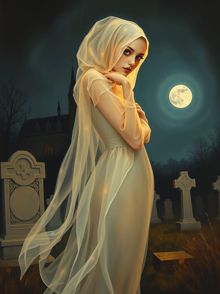 Ghostly Apparition in Pinup Pose, Set in a Gothic Graveyard