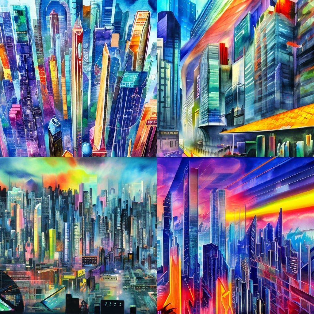 Gouache and Watercolor Cyber City Impression