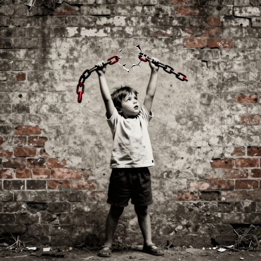 Child Breaks Chains in Gritty Urban Art Style