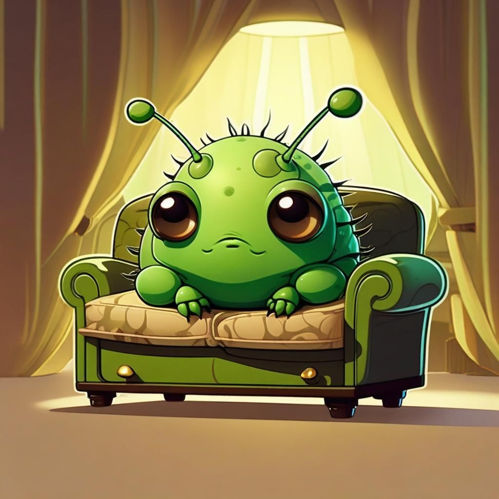 Chibi Aphid in a Shabby Lounge: Fantasy Illustration