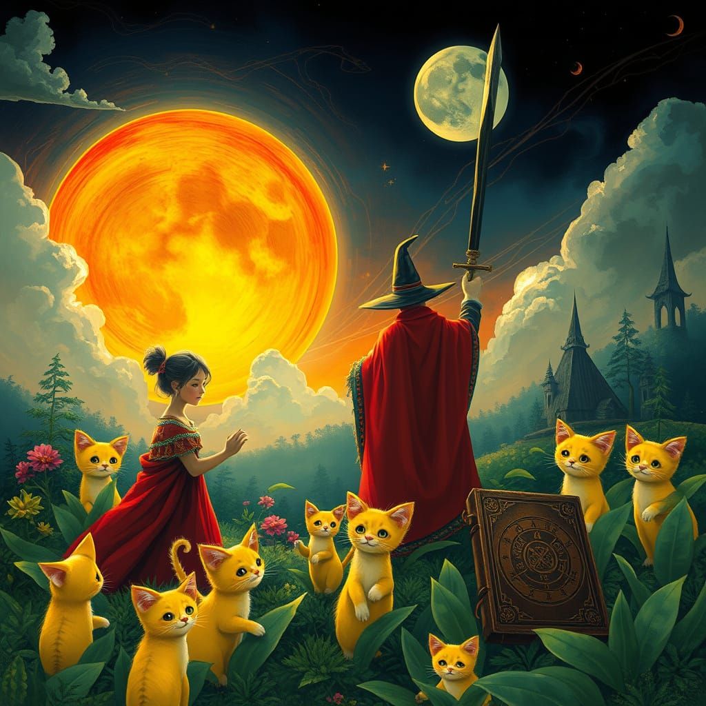 Whimsical Garden of Kitten Plants in Vibrant Fantasy Scene