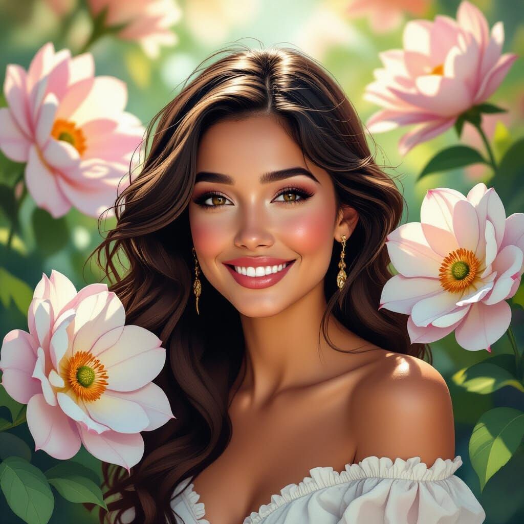 Woman Surrounded by Evening Flowers in Splash Art Style