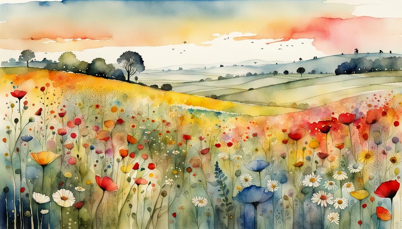 Colorful Flower Fields at Dawn: Watercolor & Ink