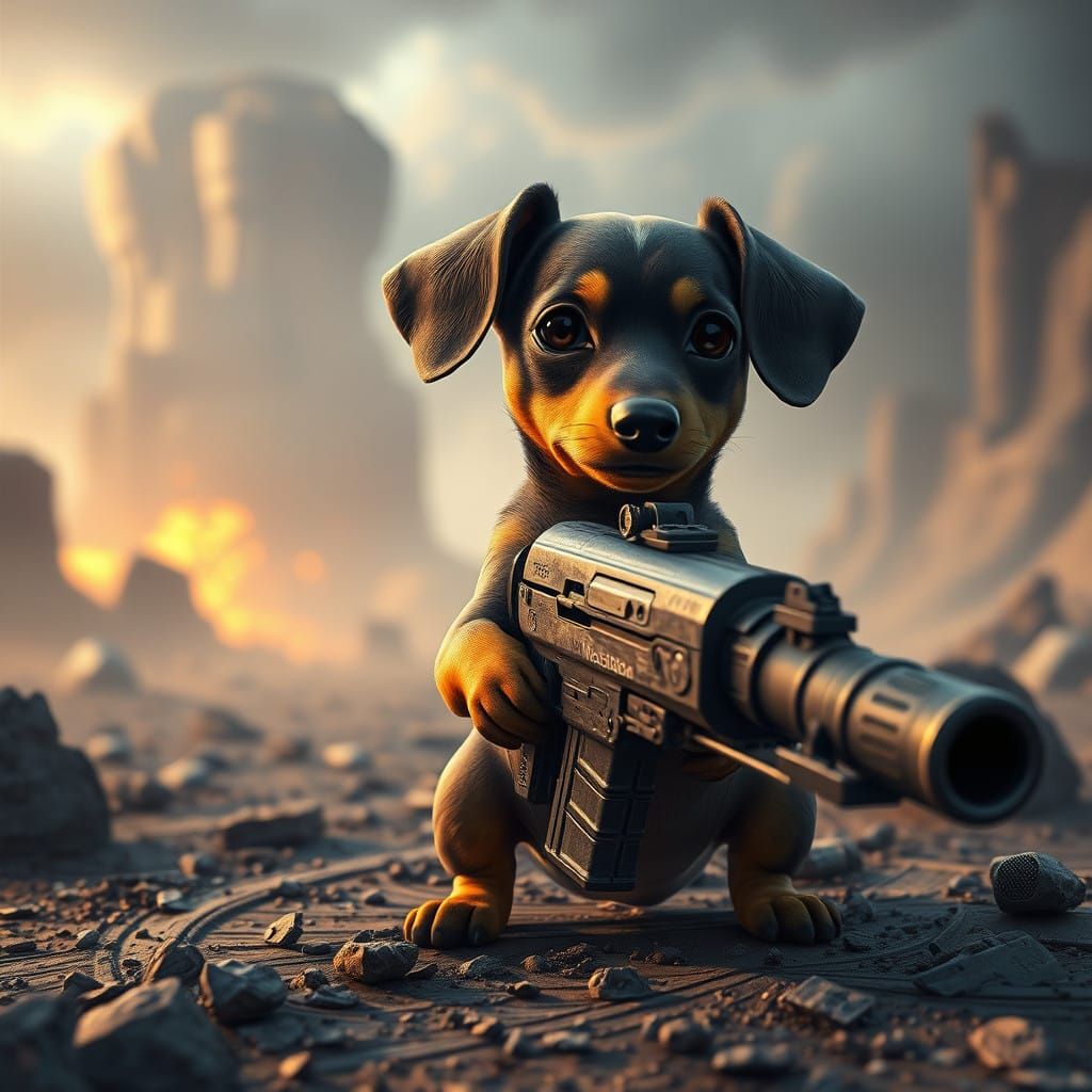 Miniature Dachshund Wields Oversized Machine Gun in Futurist...
