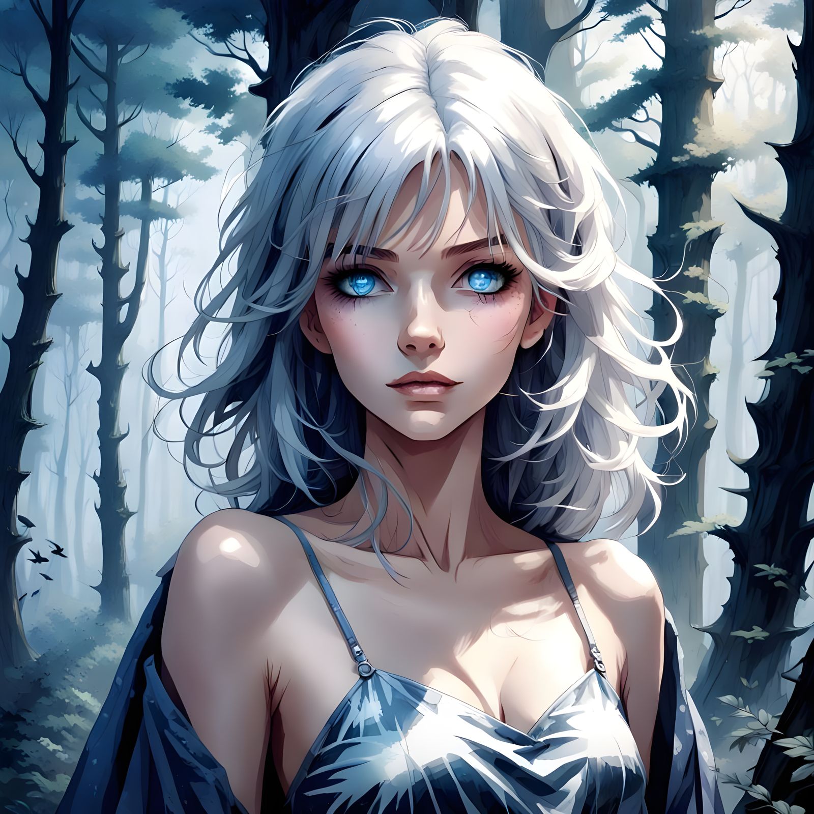 Anime Portrait of Silver-Haired Girl in Misty Forest