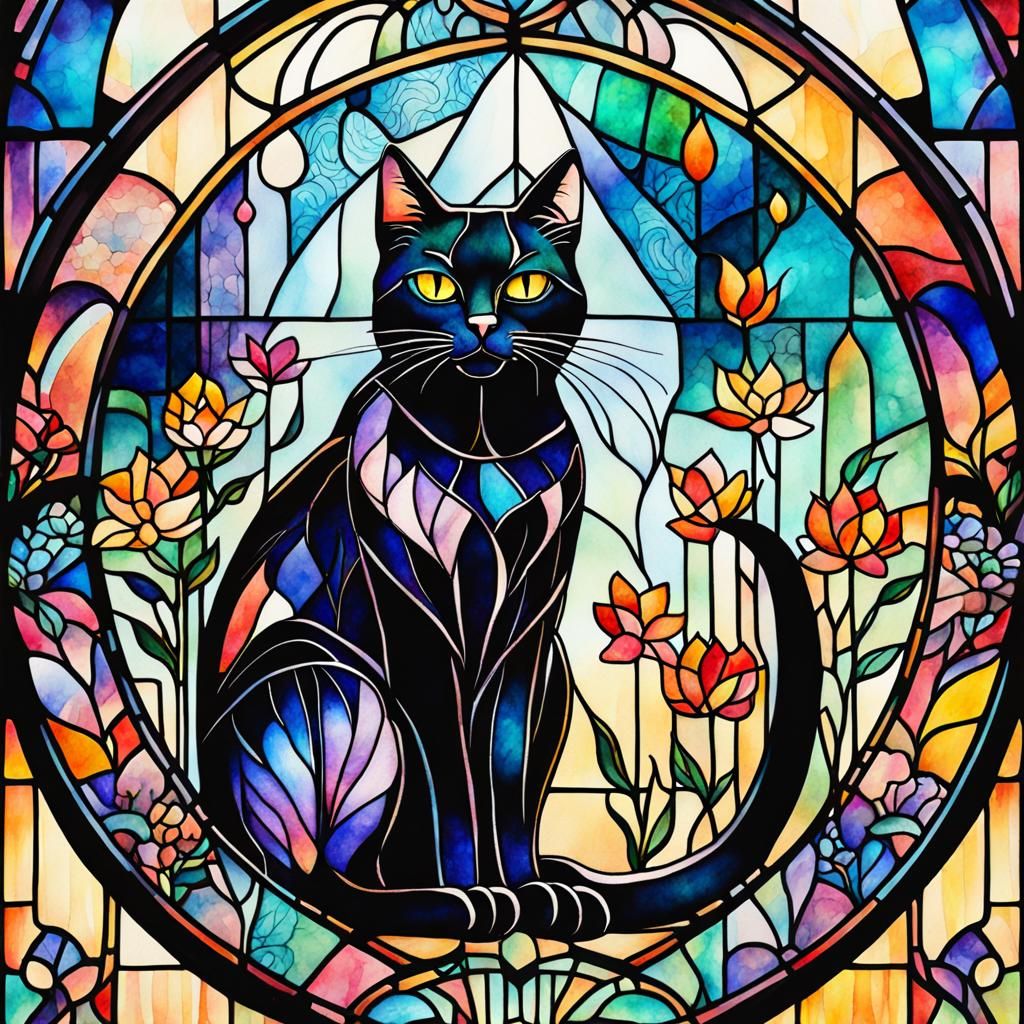 Dreamy Stained Glass Window with a Whimsical Black Cat