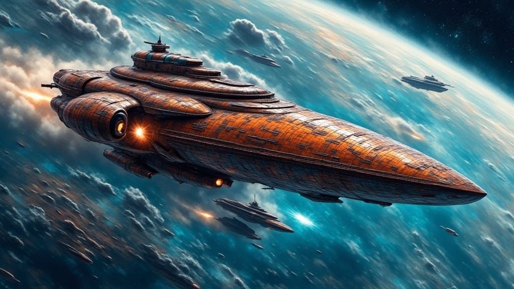 Vintage Spaceship Soaring Past Azure Planet as Oil Painting