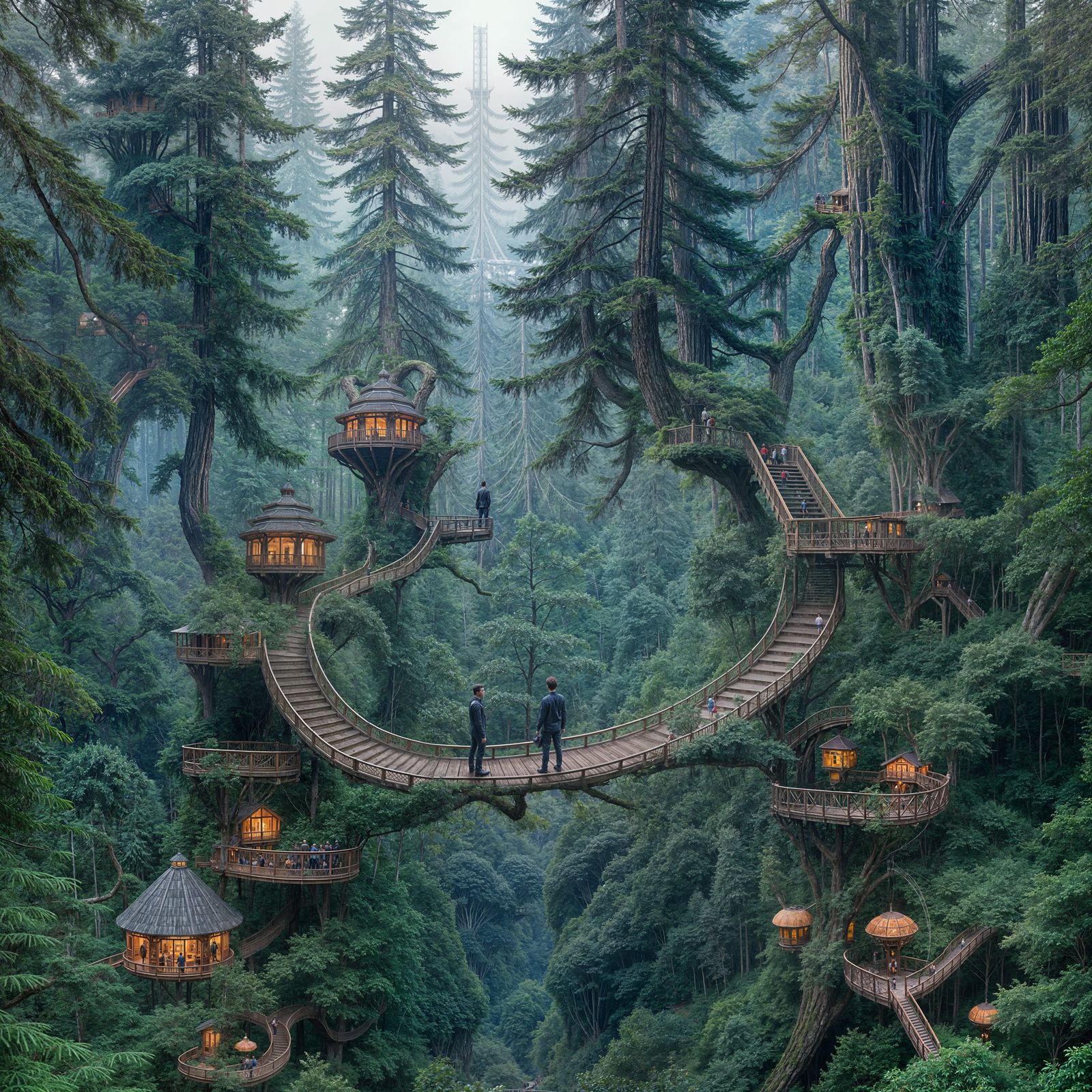 Tall Evergreen Treescape with Treehouses and Bridge in Futur...