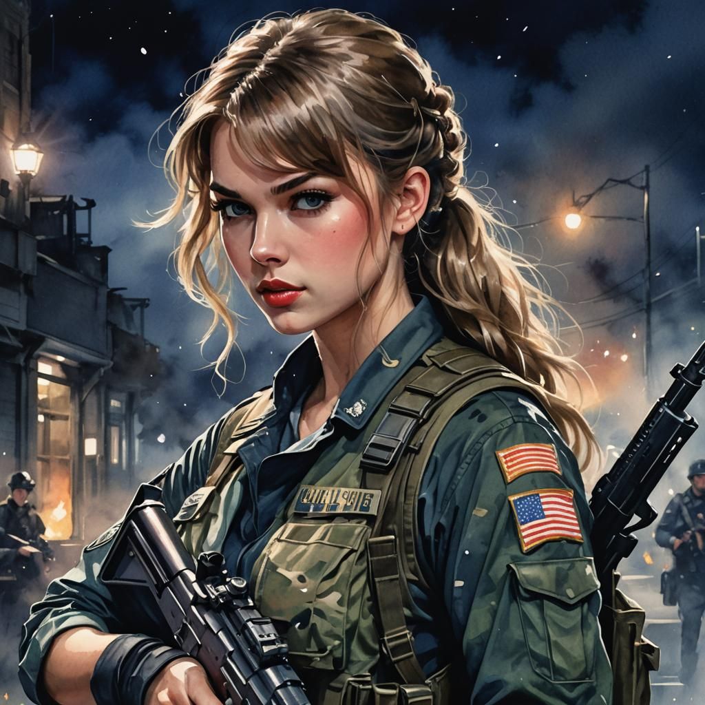 Military Sergeant at Night as Watercolor Art