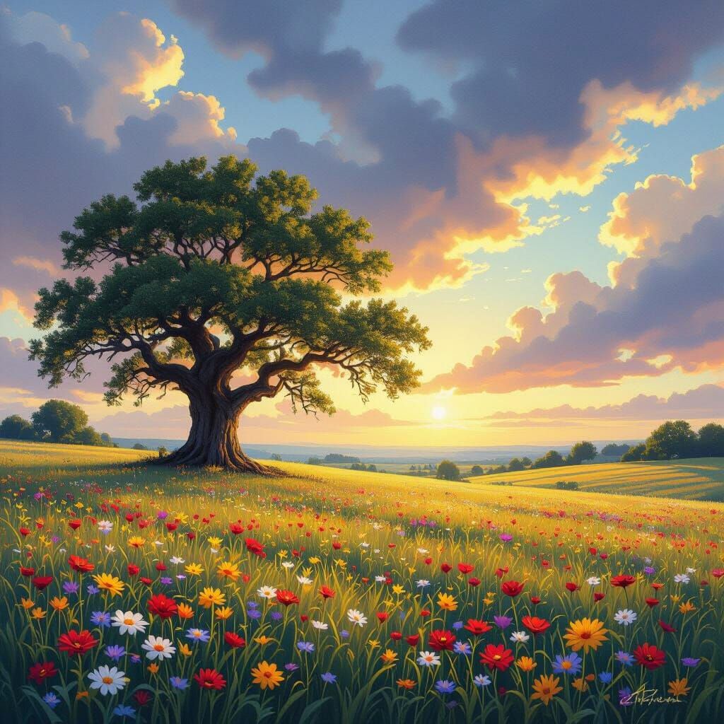 Majestic Ancient Oak in Wildflower Meadow