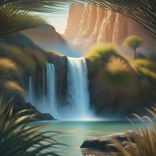 Desert Waterfall Oasis in Hyperrealistic Digital Art