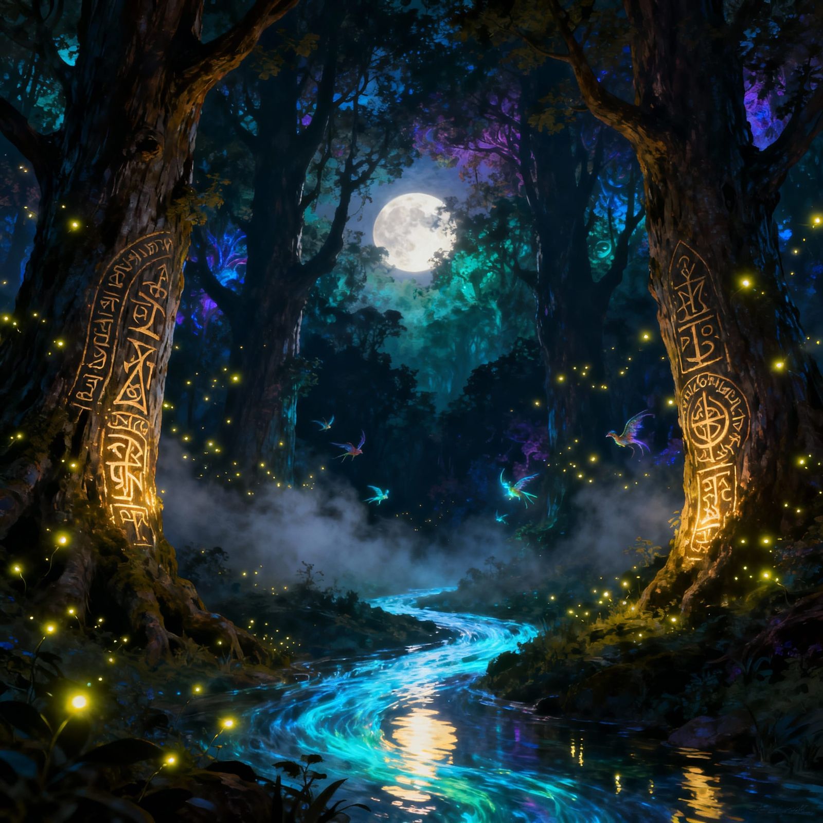 Mystical Forest Scene with Glowing Runes and Fireflies