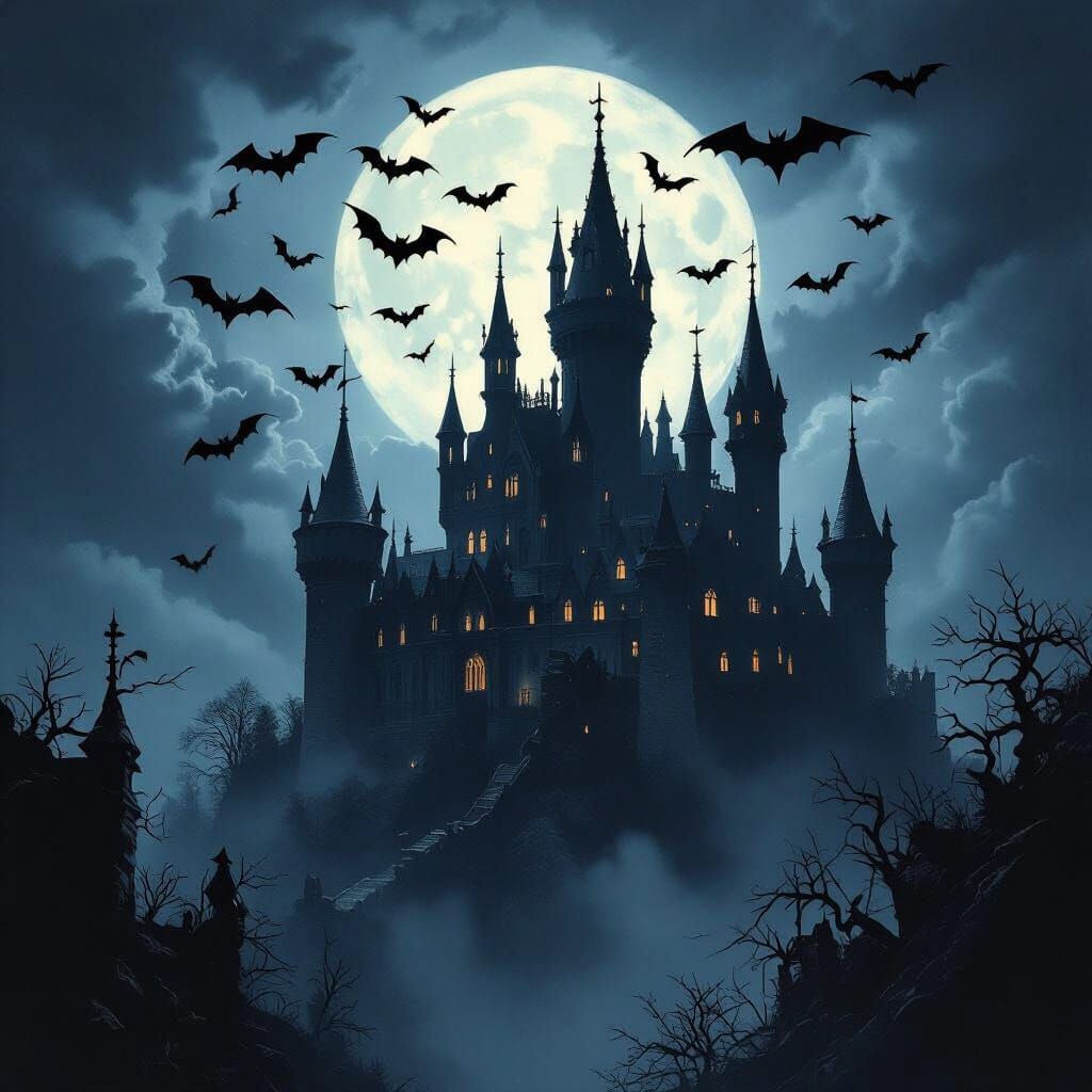 Gothic Castle Under Stormy Moonlit Sky with Swarming Bats