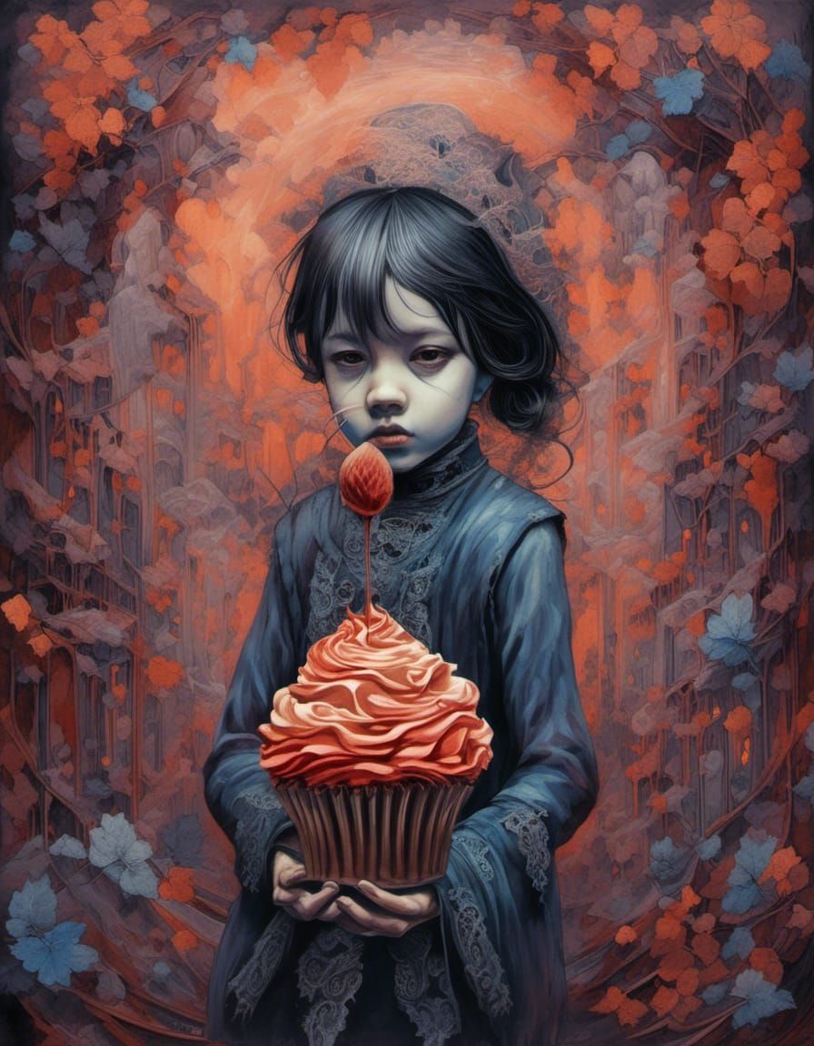 Gothic Cupcake Watercolour Portrait in Mixed Media