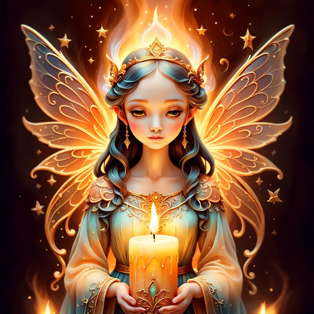 Ornate Candle with Fairy Wings in Whimsical Style