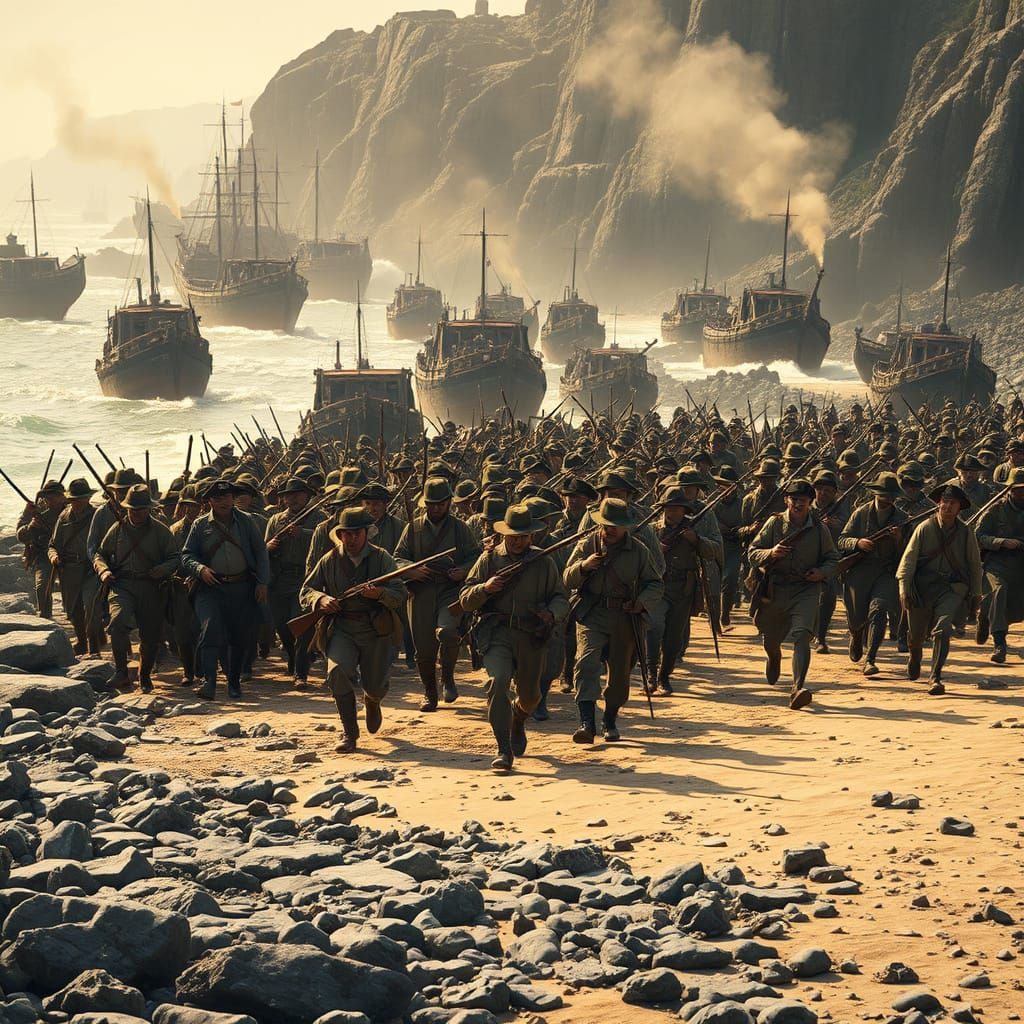 Colonial Troops Disembark on Rocky Shoreline in Golden Light