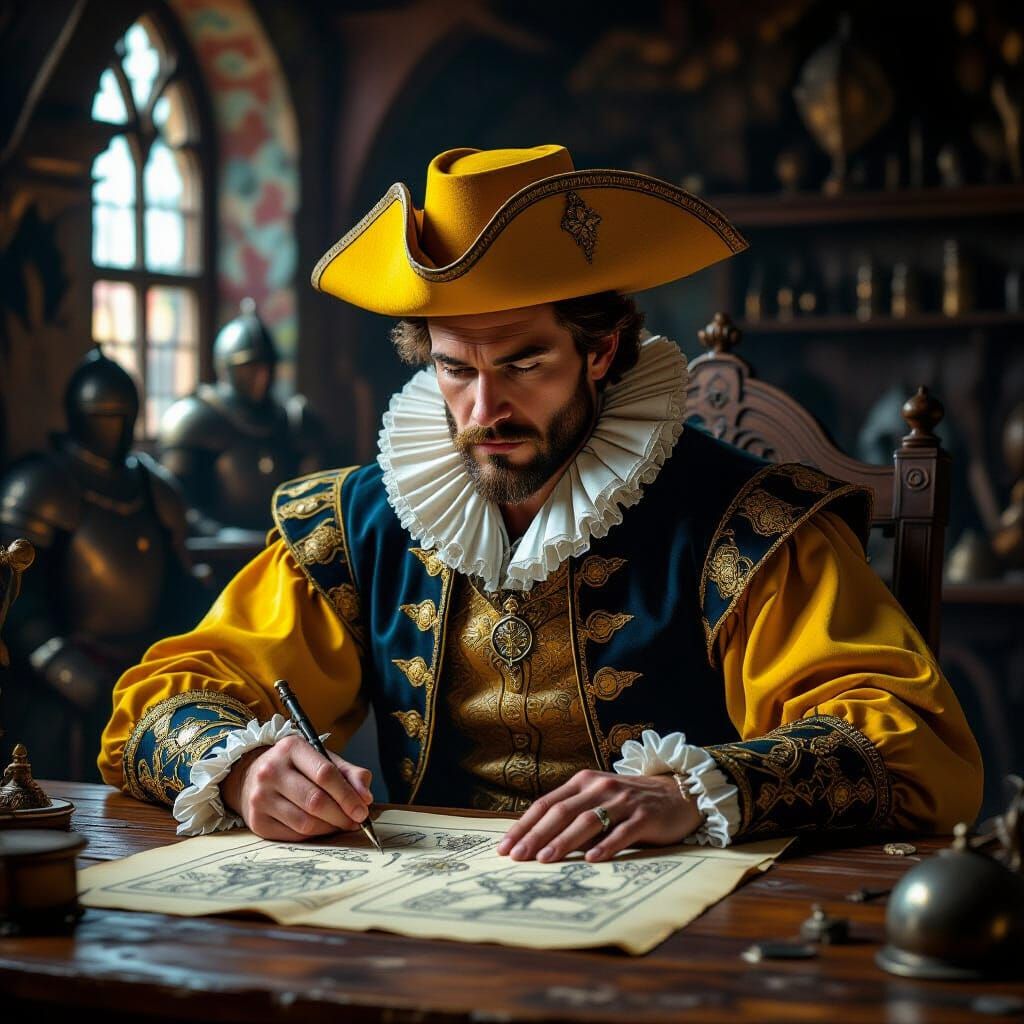 Renaissance Man Studies Mystical Artifact in Dim Armory