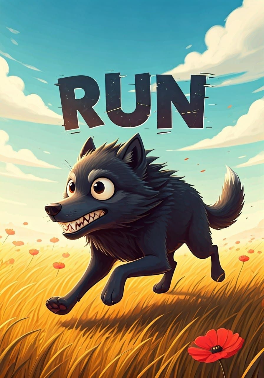 Cartoonish Black Wolf Sprints Across Vibrant Landscape