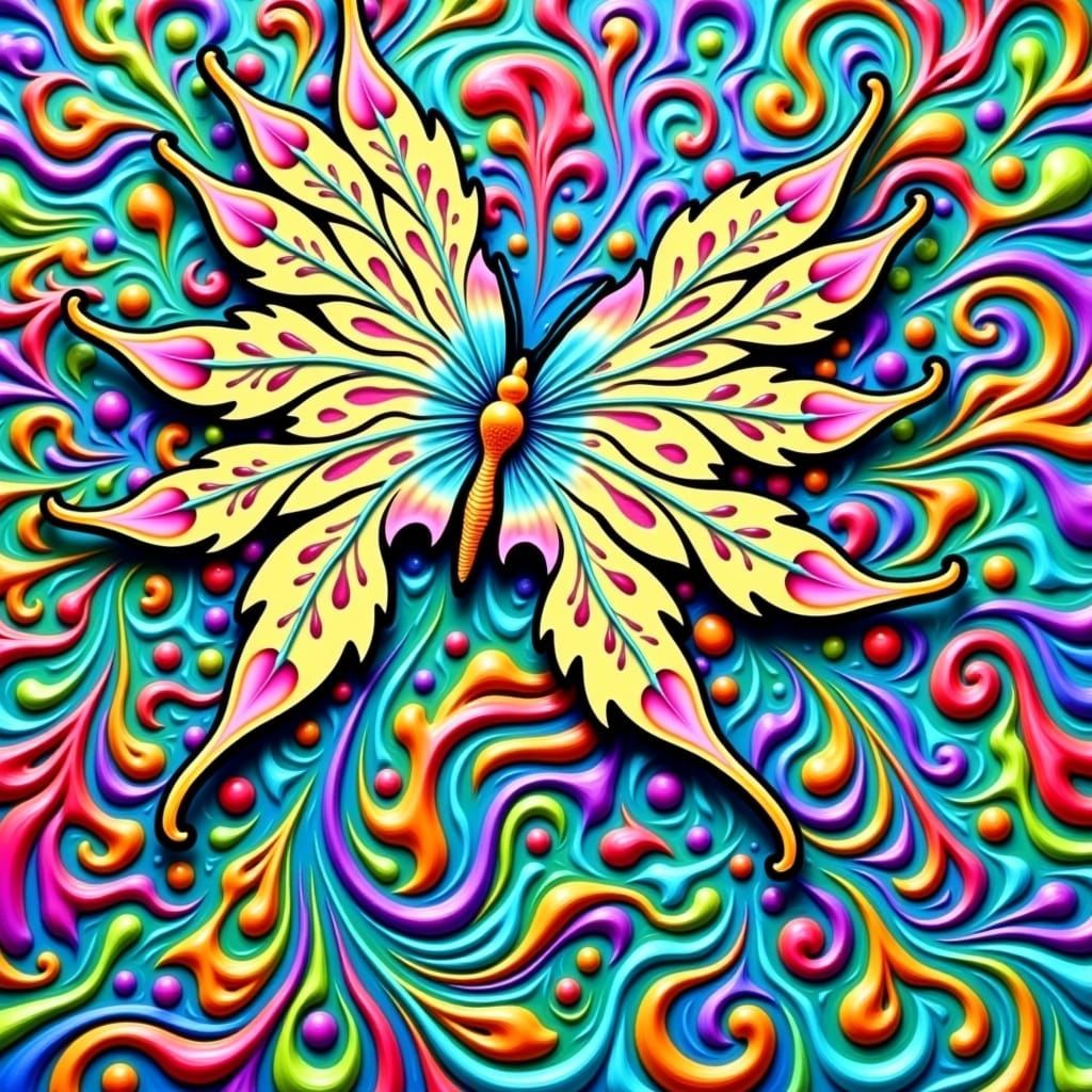 Vibrant Psychedelic Butterfly in Whimsical Nature Scene