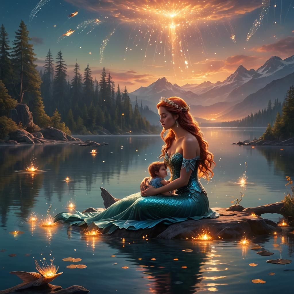 Mermaid Princess with Daughter by Lake, Art Nouveau