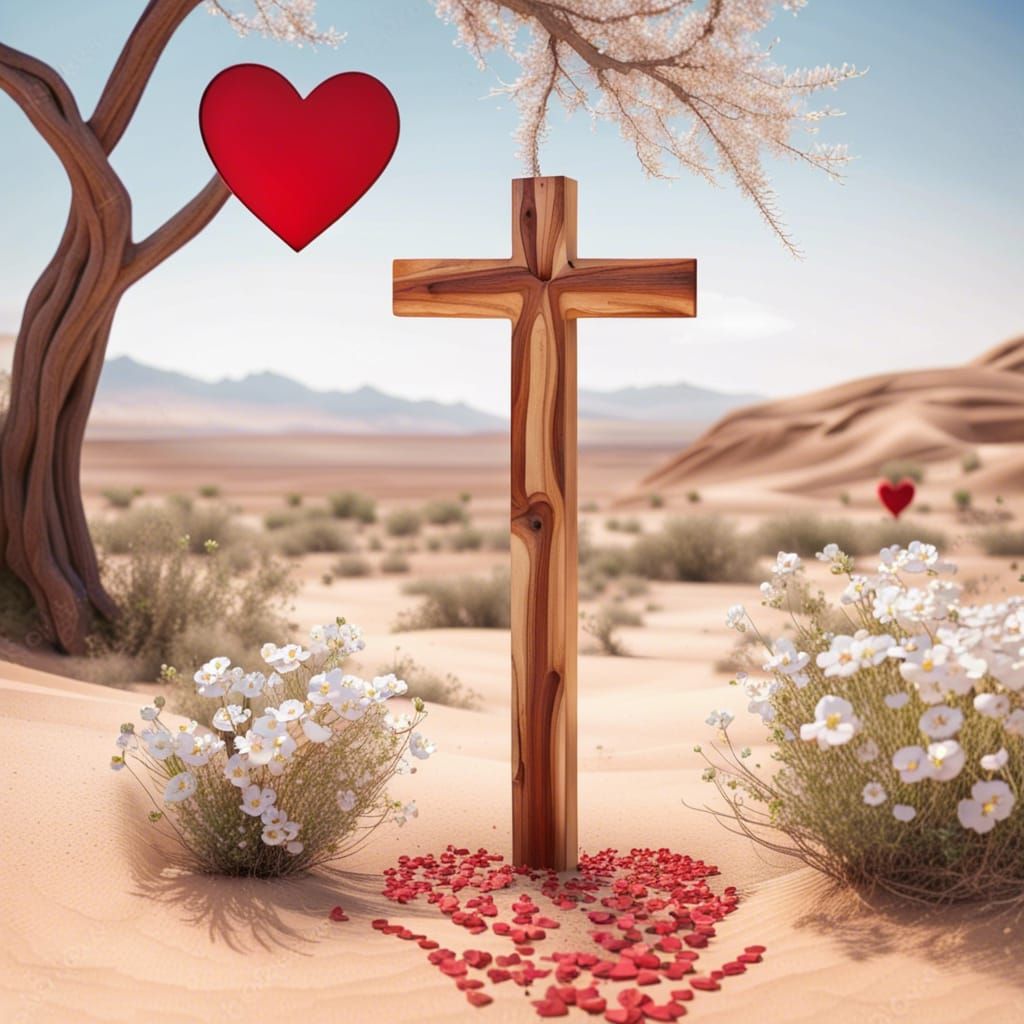 Tree of Hearts Growing From Desert Cross